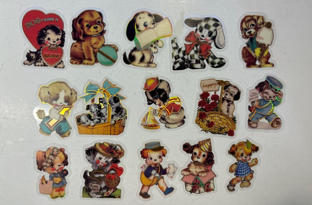 Set Of 15 VINTAGE STYLE Valentine’s Day Stickers Puppies Dogs Anthropomorphic