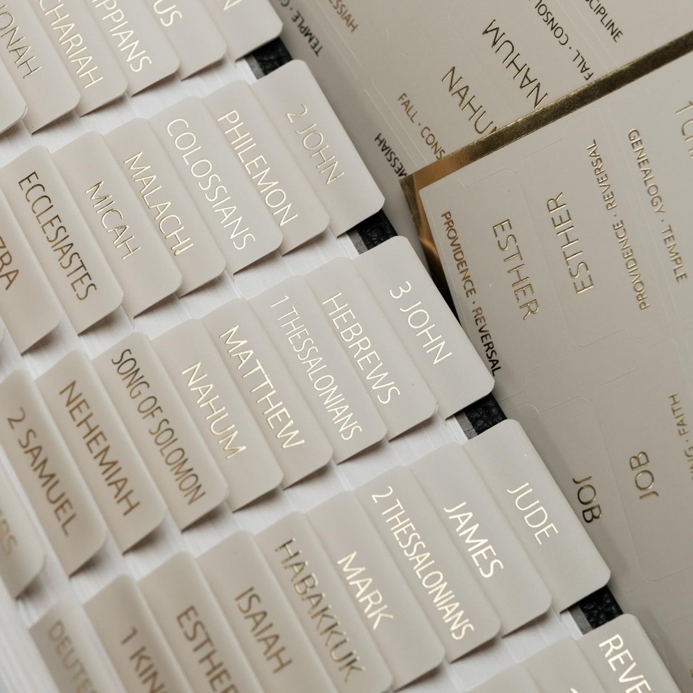 UPAFEXXI-Laminated Bible Tabs with Book Summaries(Gold Foil Summaries Gray