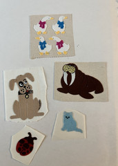 Vintage 80s fuzzy dog, walrus, ladybug, kitten, ducks Stickers Mrs. Grossman NEW