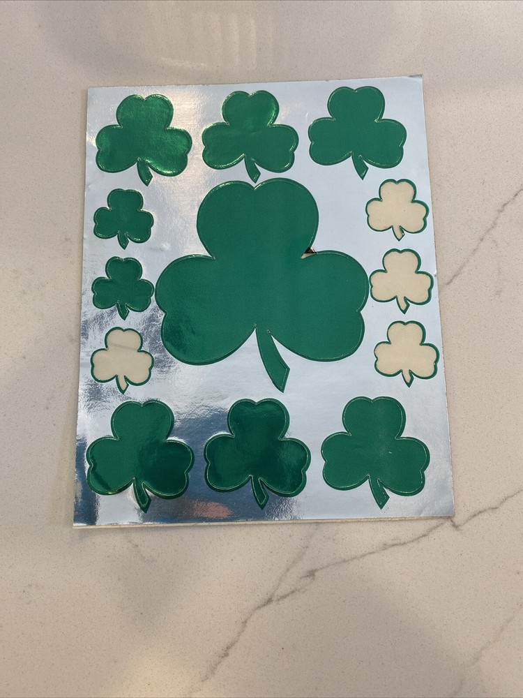 Vintage Hallmark Clover Chrome Sticker Sheet Foil Shamrock 4 Leaf Clover