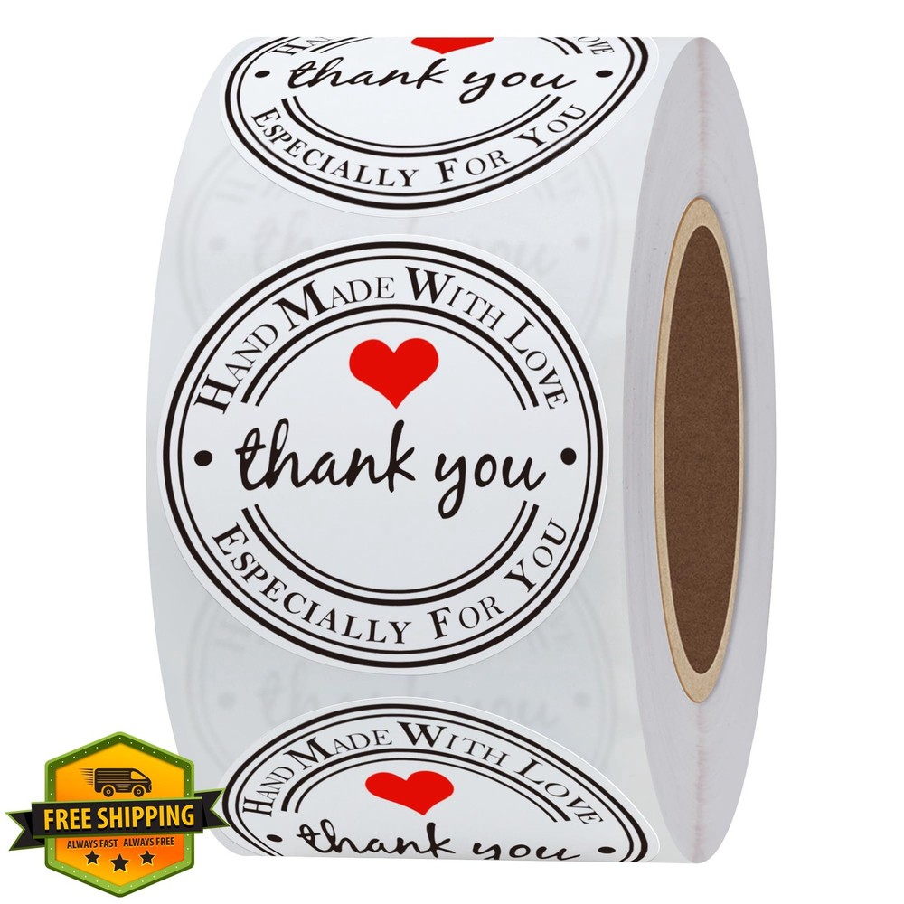 Hybsk White Gloss Thank You Handmade Love Heart Stickers 1.5″ 500 Roll