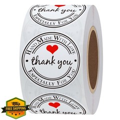 Hybsk White Gloss Thank You Handmade Love Heart Stickers 1.5″ 500 Roll