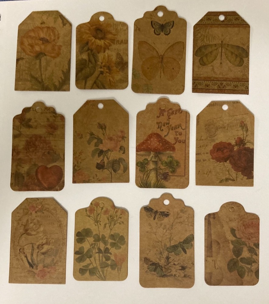 Set of 12 Tags For Junk Journals, Crafts ~ 2.5″ Tall ~ Scrapbooking, EPHEMERA