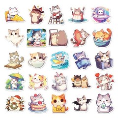 Kawaii Cat Stickers, 50 Cute Glossy Vinyl Stickers for Laptop, Gift, Bottles