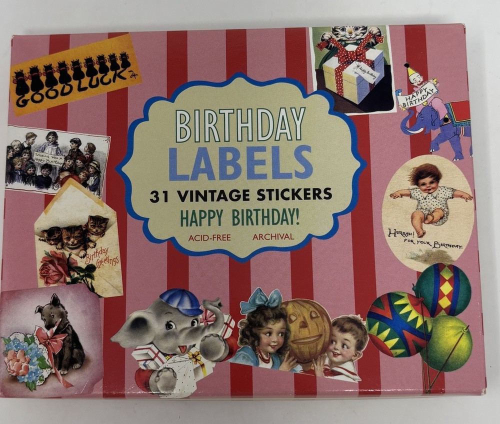 Laughing Elephant Vintage Style Birthday Stickers 30 Count Open Box