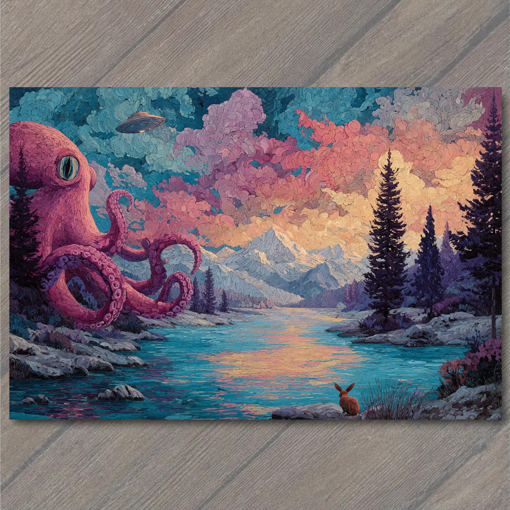 STICKER Pink Octopus UFO Lake Sunset Mountains Rabbit Funny Surreal Landscape