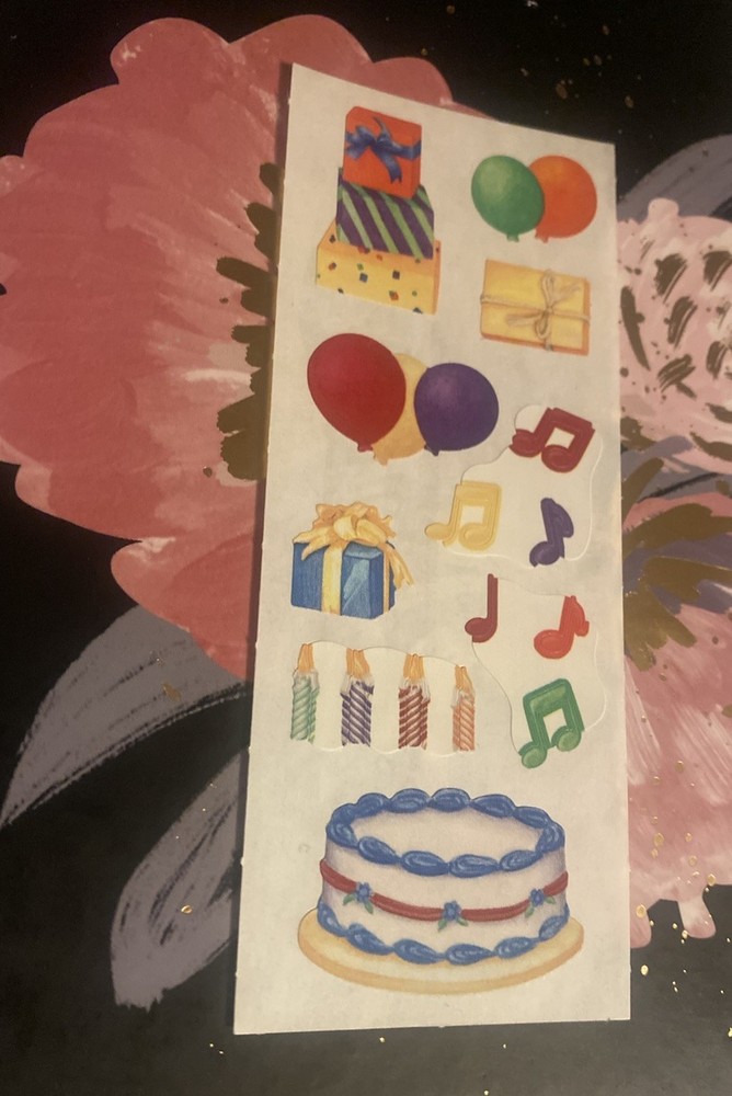 Vintage Creative Memories Bday Cake Music Notes Presents Sticker Strip 2×5 Inch