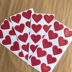 50 Heart Shaped Thank You Stickers On Glossy Hot Pink Paper With Gold Lettering