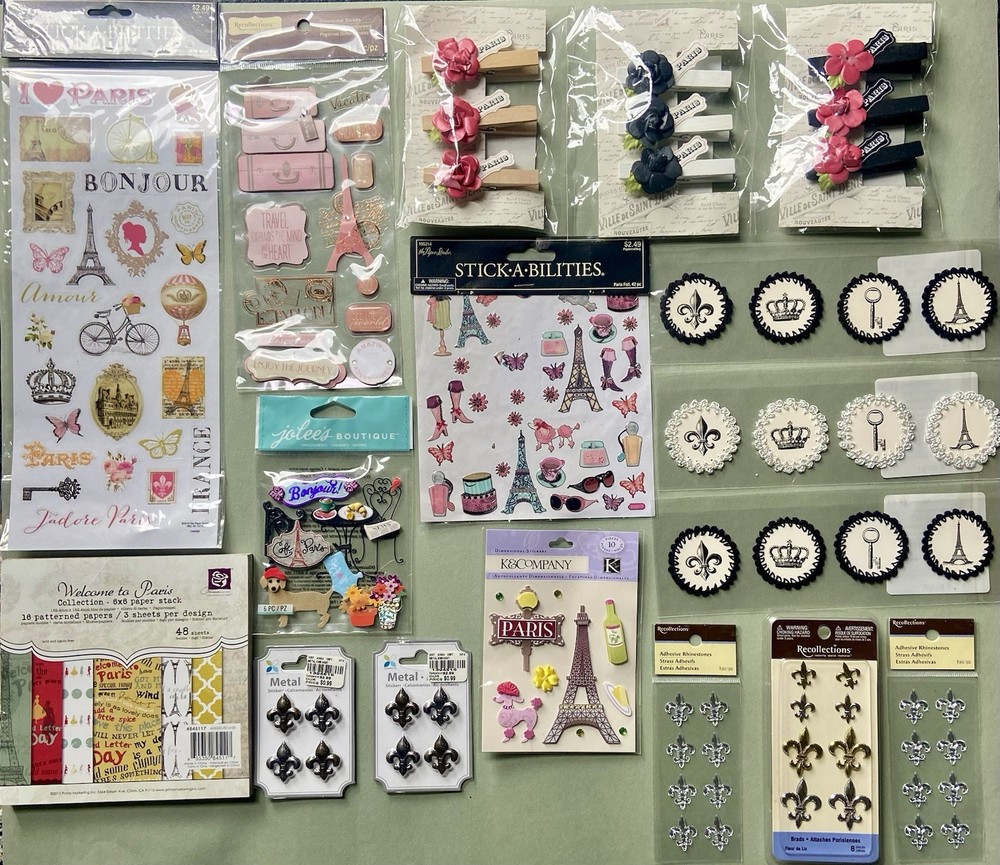 Large Lot PARIS Scrapbook Stickers, Paper Stack, Metal Brads & More! Jolee’s Etc