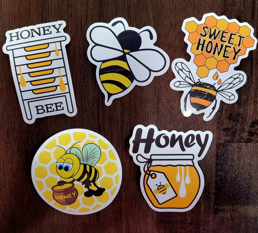 STICKERS x 5 Honey Bee Happy Apiculture Beehive Cartoon Large Sticker BEE1