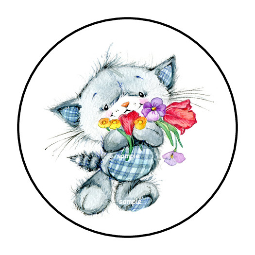 KITTEN & FLOWERS ENVELOPE SEALS STICKERS LABELS TAGS 1.5″ ROUND (30) CUTE FLORAL