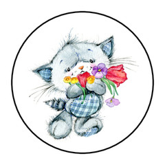 KITTEN & FLOWERS ENVELOPE SEALS STICKERS LABELS TAGS 1.5″ ROUND (30) CUTE FLORAL