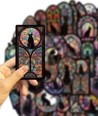 50 Black Cat Stickers Pack Stained Glass Gothic Fantasy Feline Vinyl Cat Decals