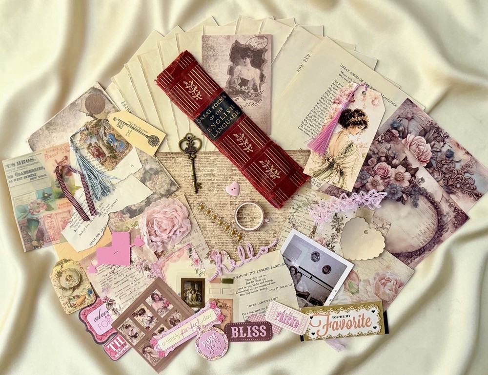 Romantic Vintage Poetry Ephemera Bundle Junk Journal Shabby Chic Pink Kit