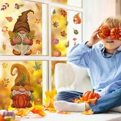 9 Sheets Autumn Maple Leaf Pumpkin Gnome Window Stickers PVC Fall Window Decals