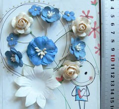 Denim Blue & Ivory Mix 5 Styles = 11PAPER Roses & Flowers 10-55mm across MH ConA