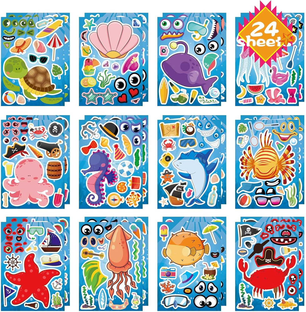 24 Sheets Make Your Own Sea Animals Stickers for Kids Toddlers, Make-A-Face Stic