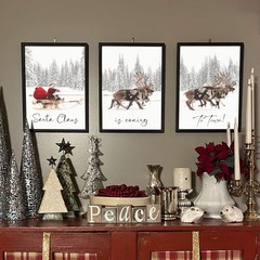 Set of 3 Framed Christmas Wall Art Farmhouse Santa Claus Is Coming To Town Wa…