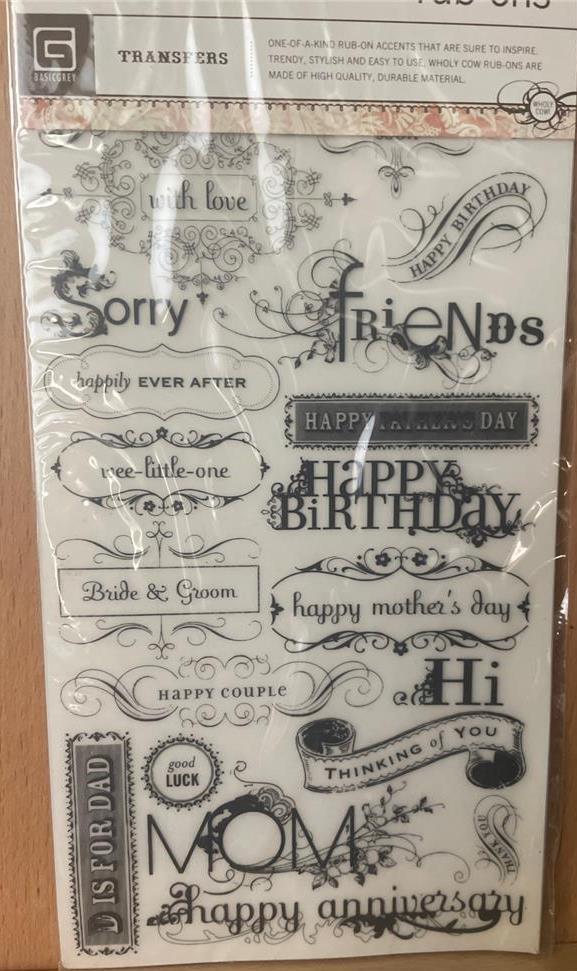 Basic Grey Wholy Cow – WORD GREETINGS FOR ALL Rub-Ons – 4.25″ x 8 free USA ship