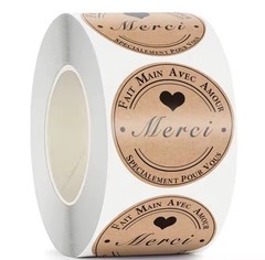 1 Roll 500 pcs Merci Kraft Sticker French Thank You 1 in / 25 mm Brand New