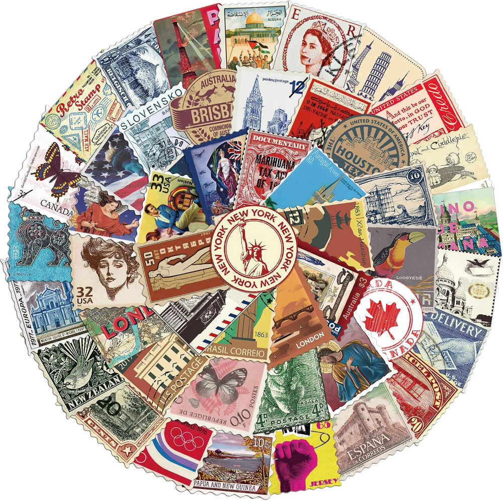 Vintage Travel Stamp Stickers, Retro World Journaling Postage Sticker for Planne