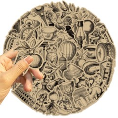50 Sheets Industrial Vintage Stickers – Tea-Stained Doodles for Coffee Shop Deco