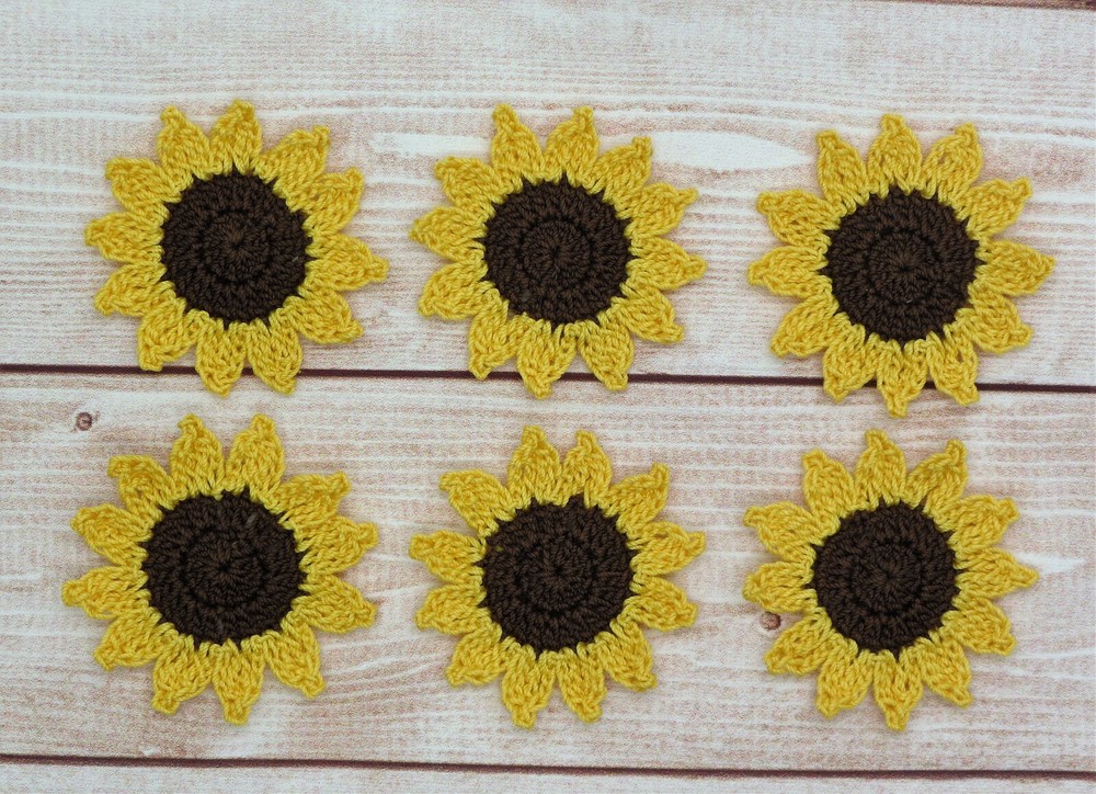 Crochet Flower Small Sunflower Applique Embellishment Brown Yellow 6 Pcs
