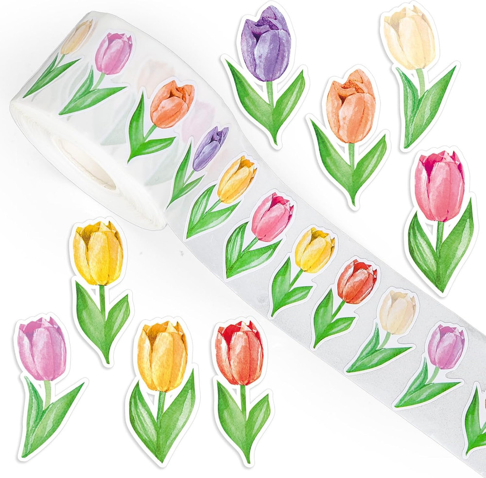 1000 Pcs Spring Floral Stickers Roll Colorful Tulip Flower Adhesive Decals