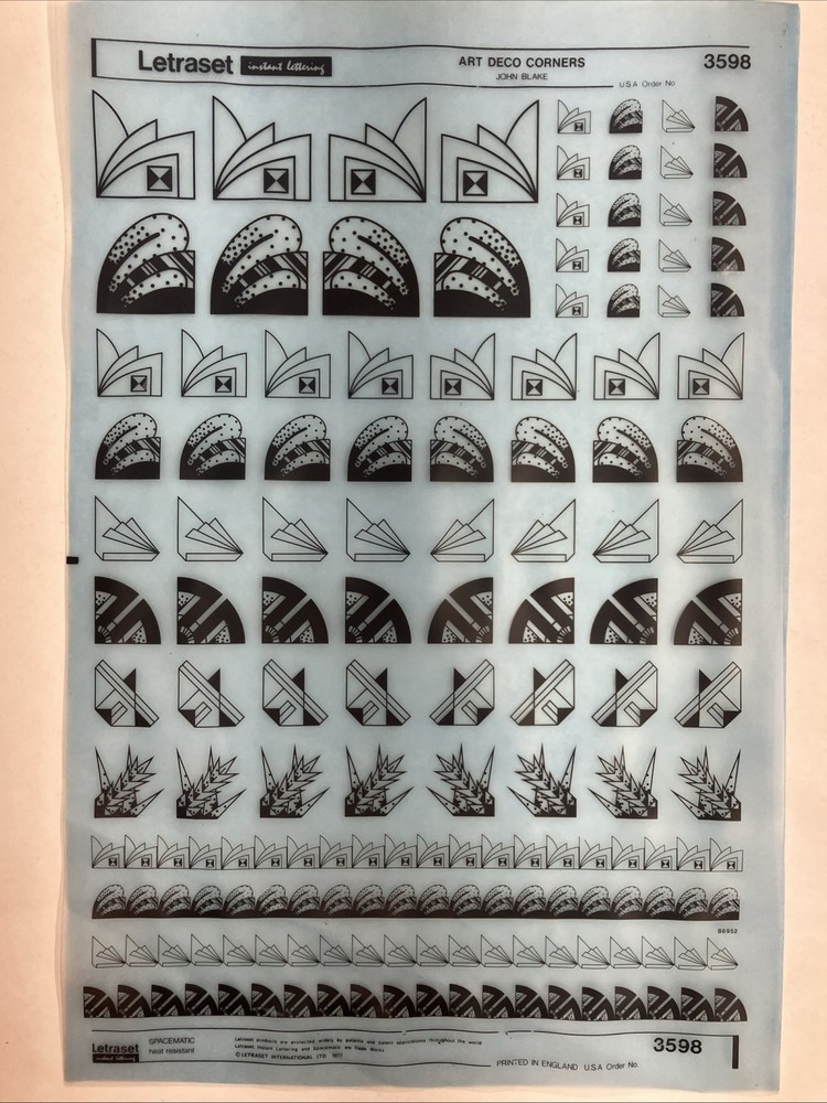 Letraset Dry Rub Transfer Art Deco Corners Full Sheet 3598 New Old Stock