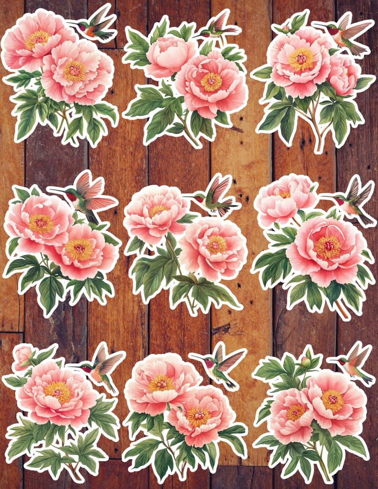 Peony and Hummingbird Die Cut Vinyl Stickers Set Scrapbooking Laptop Waterbottle