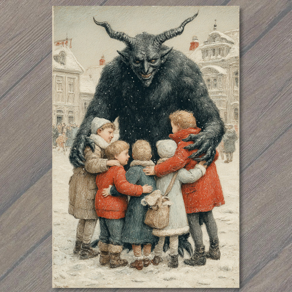 STICKER Krampus Children Hug Snow Vintage Christmas Horror Folklore