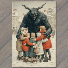 STICKER Krampus Children Hug Snow Vintage Christmas Horror Folklore
