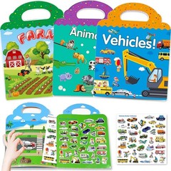 3 Sets Reusable Sticker Books for Kids Farm Zoo Animal Vehicle Age 3-6