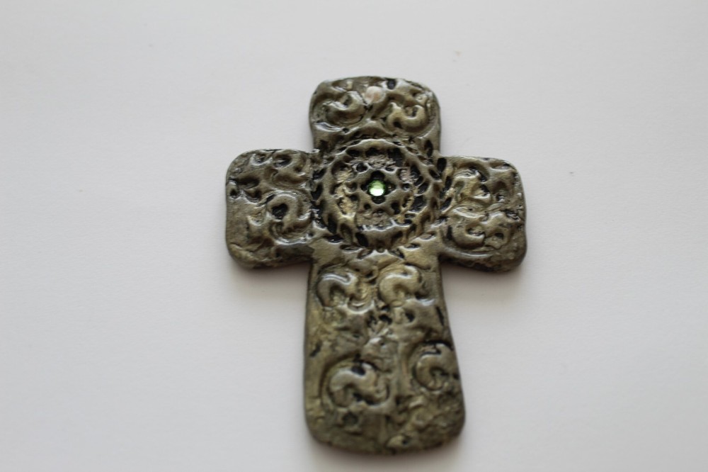 Cross – Handmade Goldish Green Ceramic Cross with Green Rhinestone the Middle #6