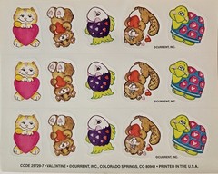 Vintage Current 1 Sheet Stickers 1980s Valentine Cat Turtle Teddy Bear Hearts