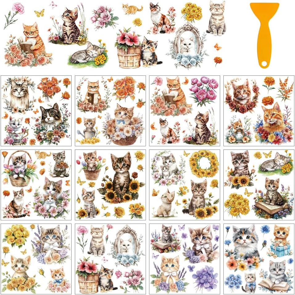 12 Sheets Animals and Flowers Rub on Transfers for Crafts, 12 Styles Cats and Fl