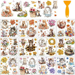 12 Sheets Animals and Flowers Rub on Transfers for Crafts, 12 Styles Cats and Fl