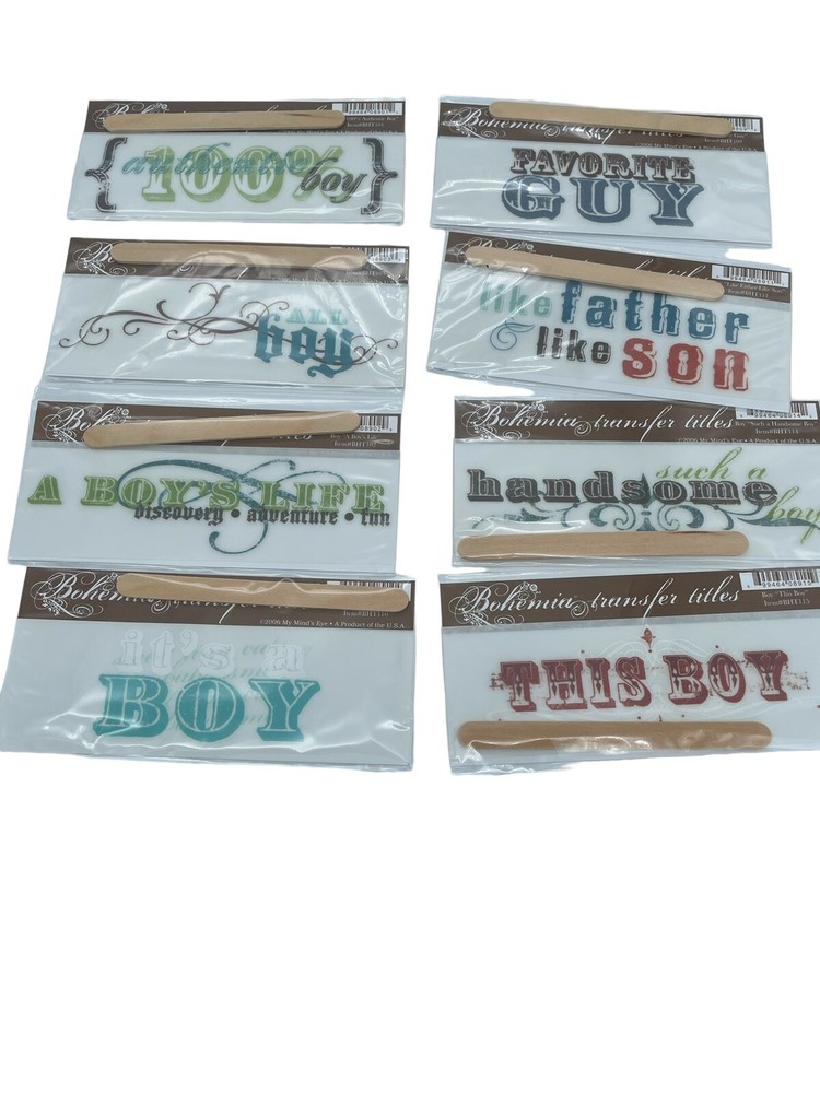 My Mind’s Eye Bohemia Transfer Titles Rub On Lot Of 8 Boy Themed New