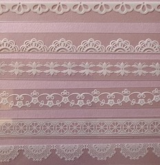 WHITE LACE BORDER Asst•Mylar Stickers (6pc)3/4”x 6”Flowers •Strips•Card Making•