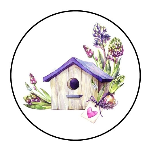 30 Pretty Bird House Envelope Seals Labels Stickers 1.5″ Round Flowers