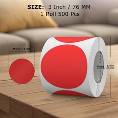 500 PCS Round Stickers 3 Inch Vinyl Red Colored Dot Sticker Roll Removable Co…