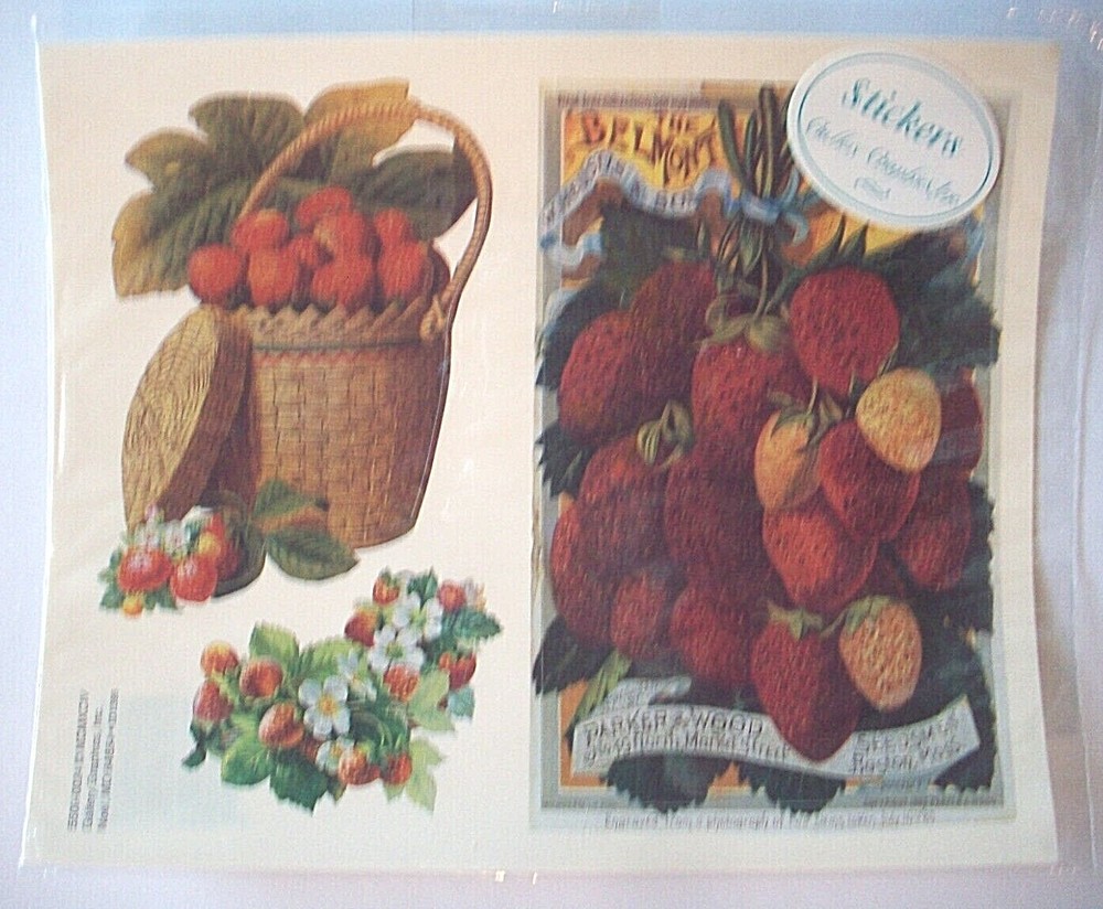 Victorian Basket of Strawberry seed packet unopen sticker package of 4 sheets