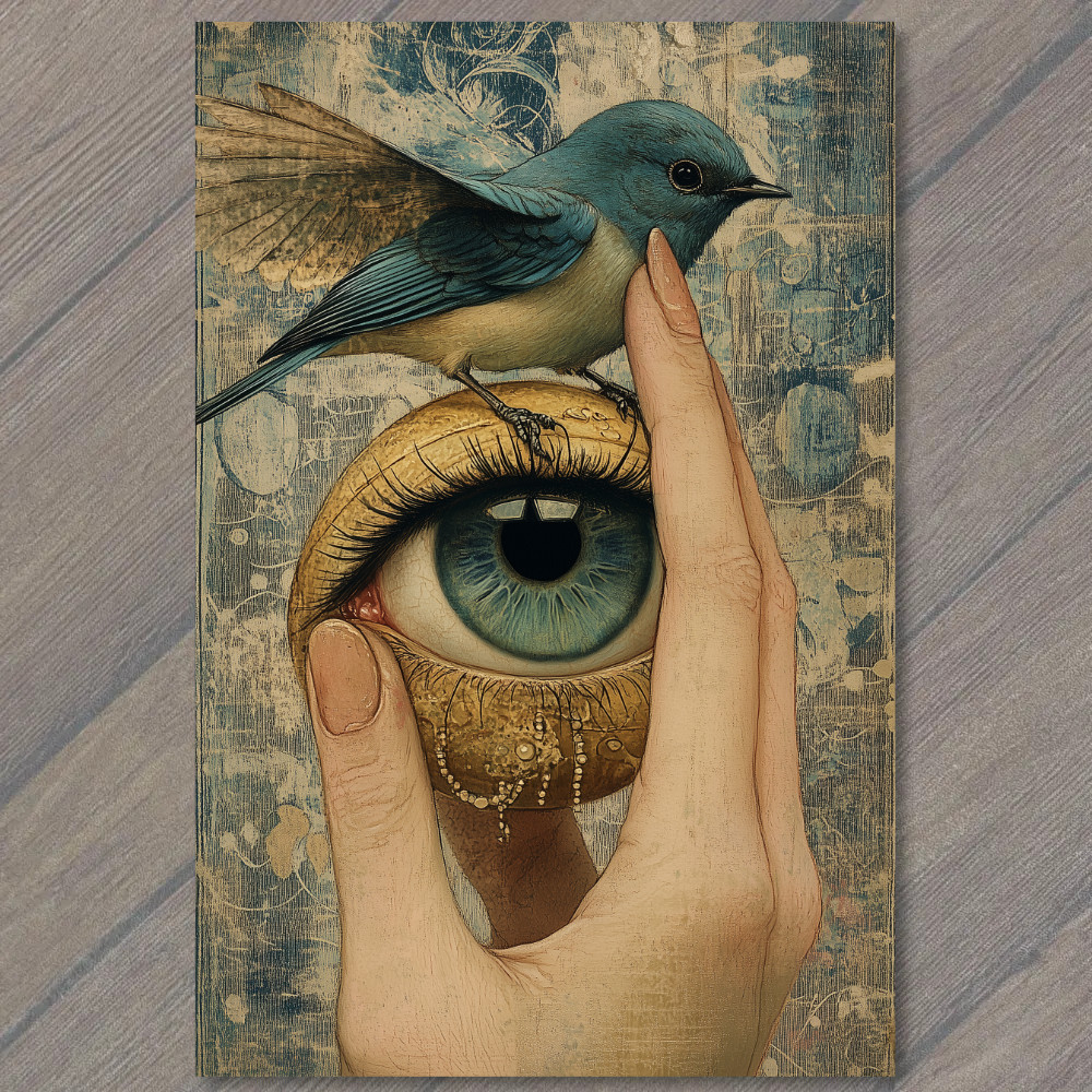 STICKER Weird Blue Eye Bird Held by Human Hand Spooky Strange Surreal Unusual