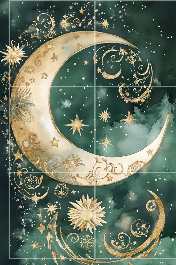 POSTCARD Celestial Moon Gold Green Junk Journal Scrapbook Supply Card Toppers