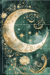 POSTCARD Celestial Moon Gold Green Junk Journal Scrapbook Supply Card Toppers