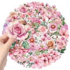 50PCS Pink Flower Stickers Aesthetic PET Transparent Pinkflower