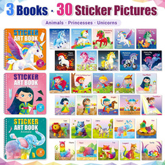 3-Pack Sticker by Number Books for Kids Ages 4-8, 30 Pictures, Paint with Sticke