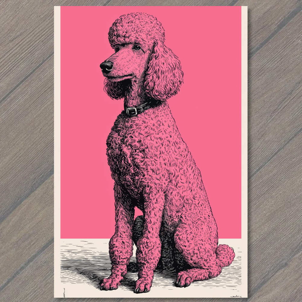 STICKER Poodle Pink Fur Black Collar Dog Retro Drawing Vintage Style Graphic