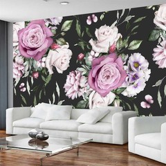 Seamless Pattern of Flowers and Exotic Leaves on a Black Background. Floral R…