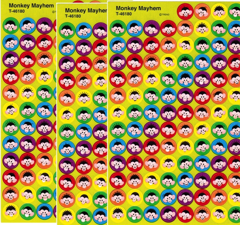 3 sheets MINI Funny Monkey Mayhem FACES Scrapbook Stickers! 300 Stickers!